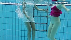 Hotly dressed teens in the pool