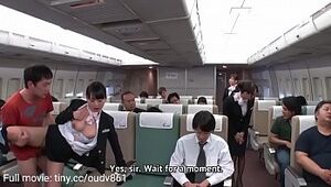 Three beautiful flight attendants blowjob to the passengers